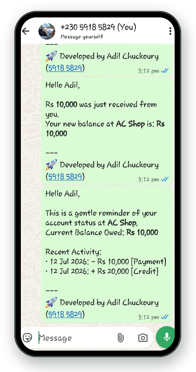 WhatsApp reminder sent to a customer with recent activity